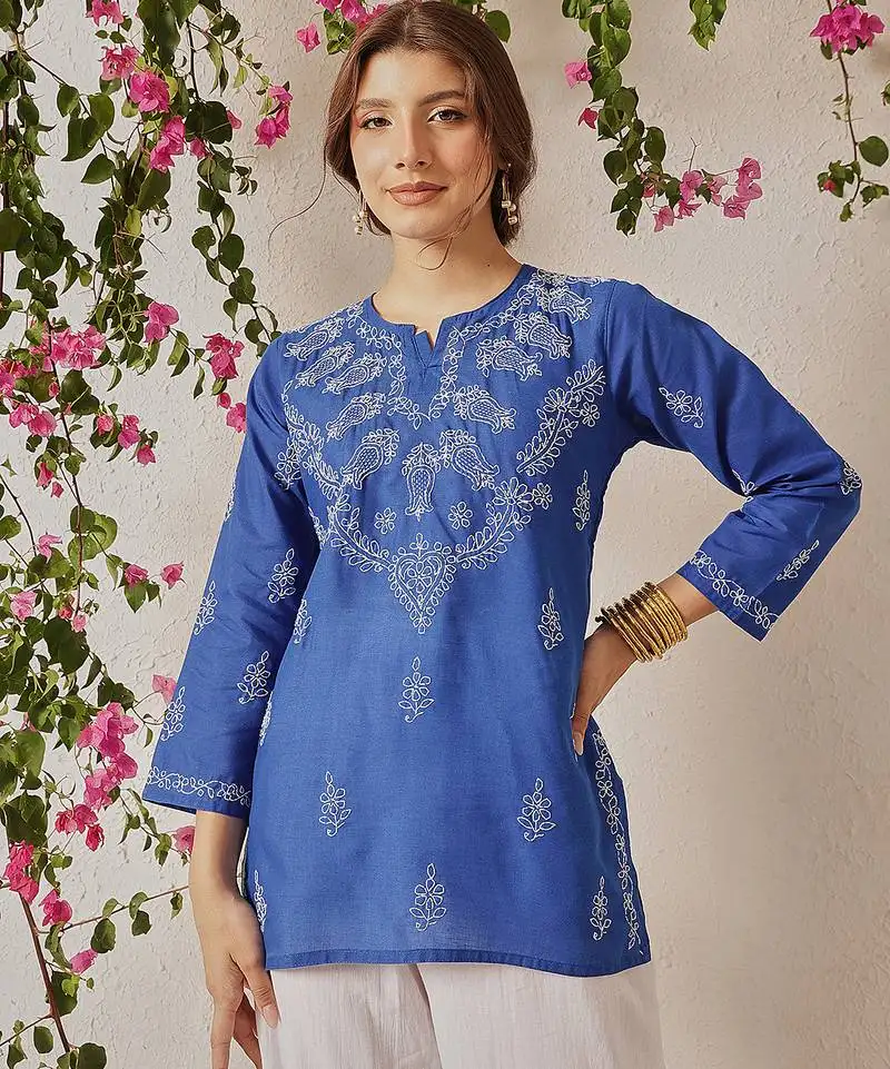 Hand embroidered dark royal blue cotton lucknowi chikankari short kurti