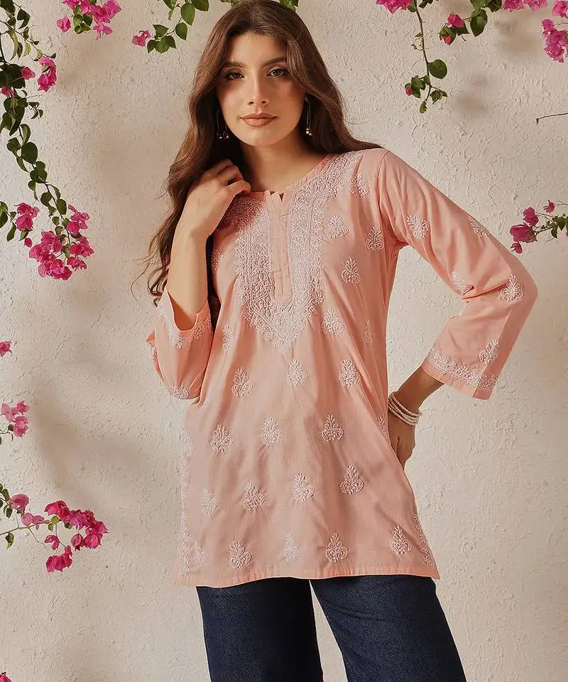 Hand embroidered light peach cotton lucknowi chikankari short kurti
