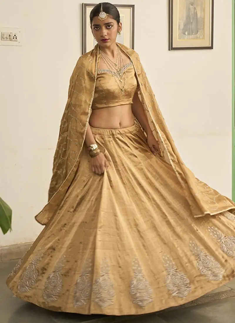 Gold embroidered tissue lehenga