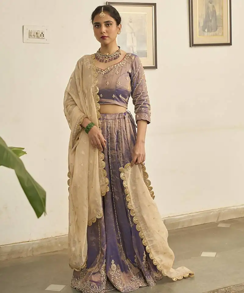 Purple embroidered tissue lehenga
