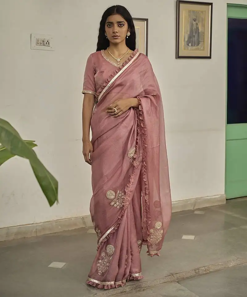 Light pink kota silk hand embroidered saree