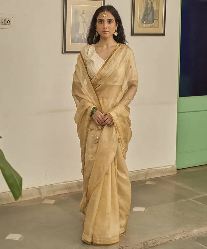 Gold kota silk hand embroidered saree