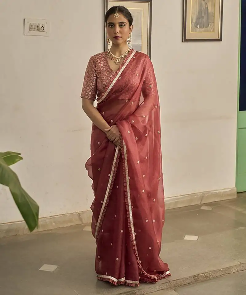 Pink kota silk hand embroidered saree