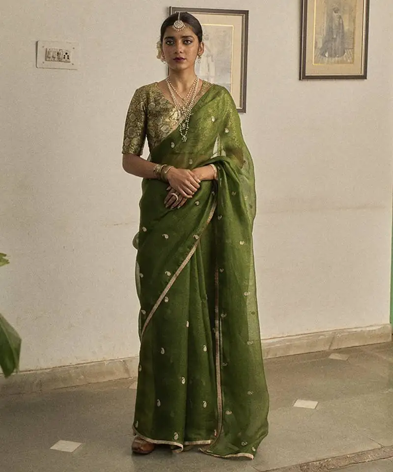 Green kota silk hand embroidered saree