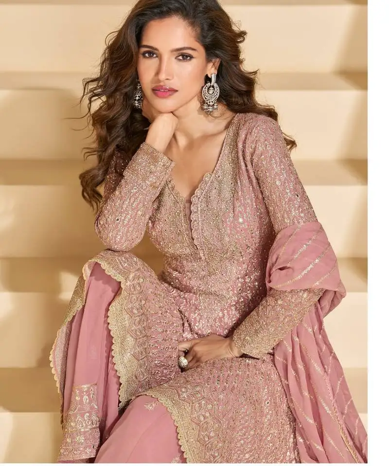 Dark pink free size heavy georgette palazzo suits stitched