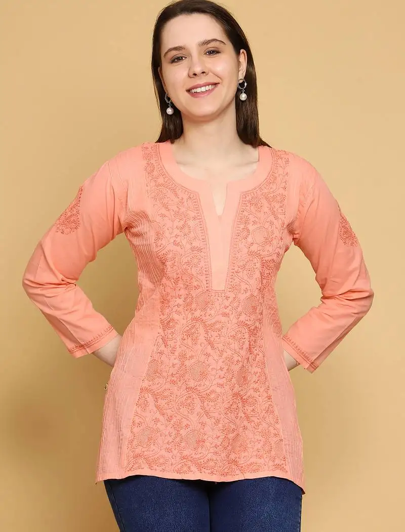 Hand embroidered peach cotton lucknowi chikankari straight kurti