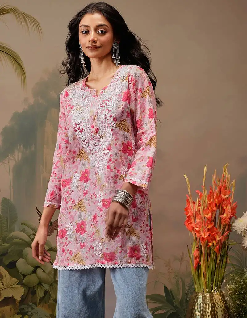 Hand embroidered floral printed pink cotton lucknowi chikankari short kurti