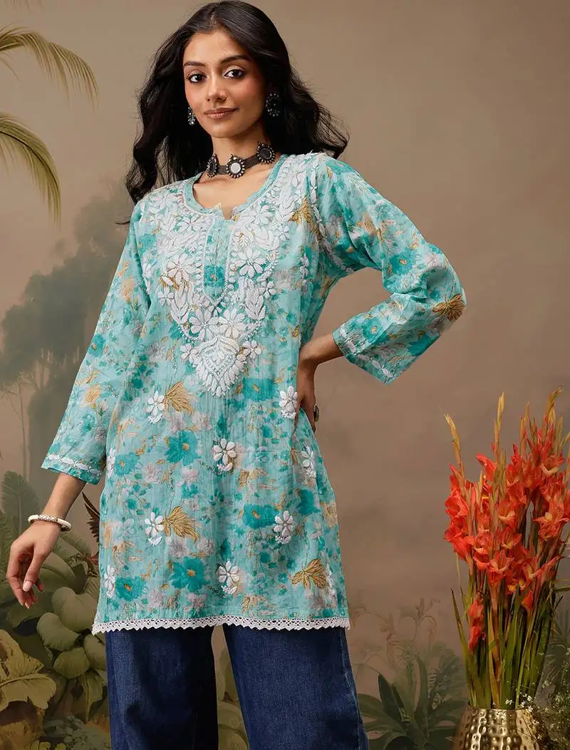 Hand embroidered floral printed blue cotton lucknowi chikankari short kurti