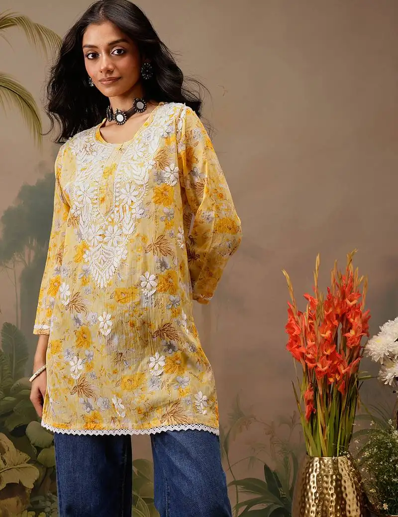 Hand embroidered floral printed yellow cotton lucknowi chikankari short kurti