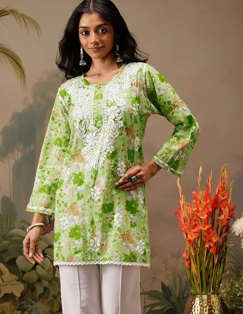 Hand embroidered floral printed green cotton lucknowi chikankari short kurti