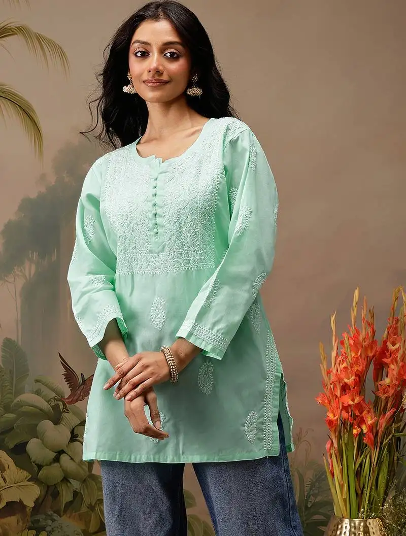 Hand embroidered sea green cotton lucknowi chikankari short kurti