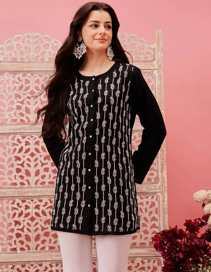 Hand embroidered black pure cotton lucknowi chikankari straight shirt