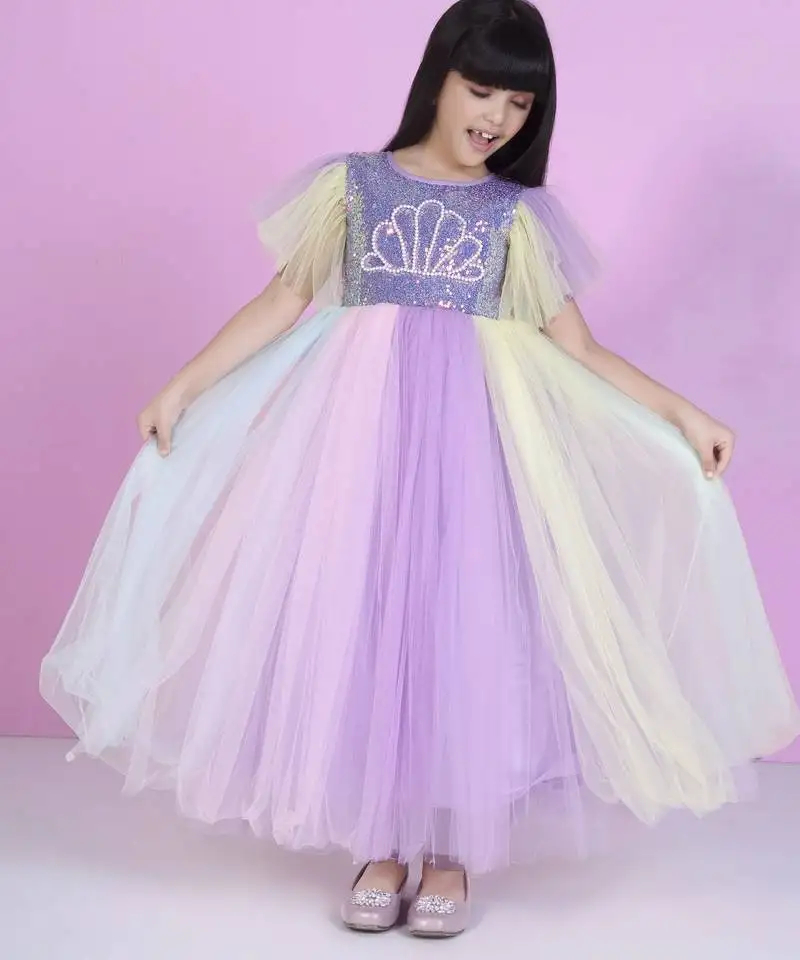 Multicolor pearl embriodery net party gown