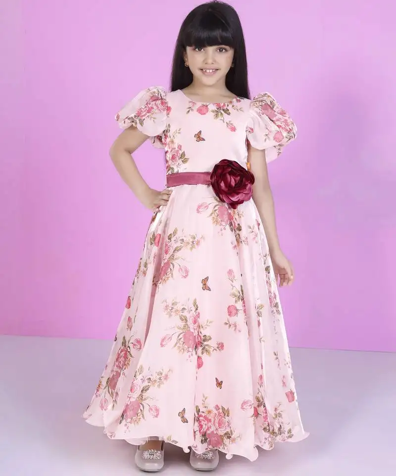Peach floral print organza party gown