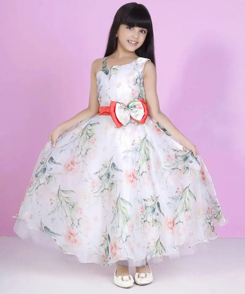 Offwhite floral print with floral bow organza party gown