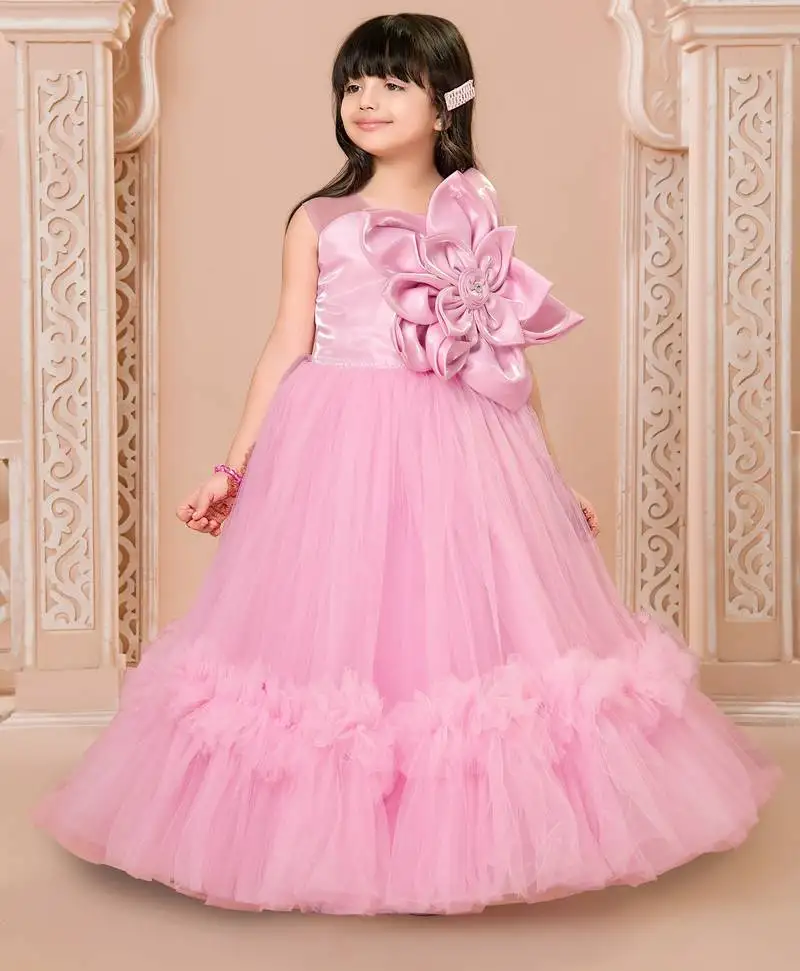 Pink floral applique net party gown