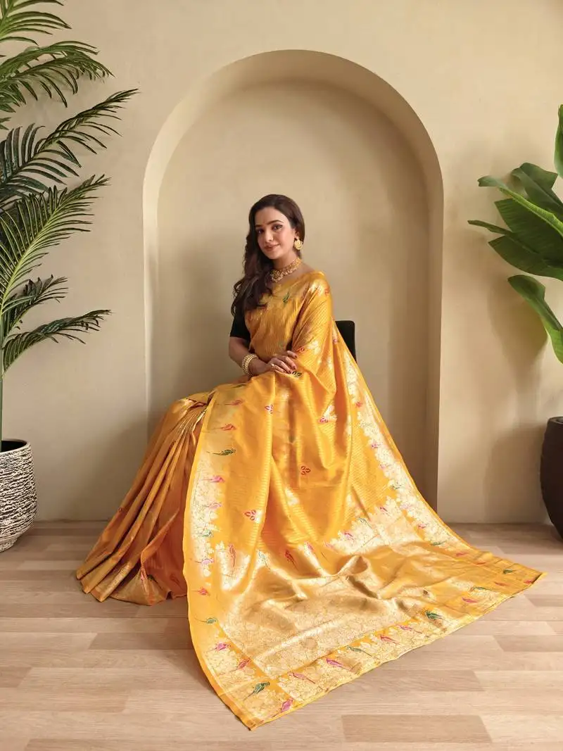 Yellow silk blend zari banarasi weaving saree with blouse