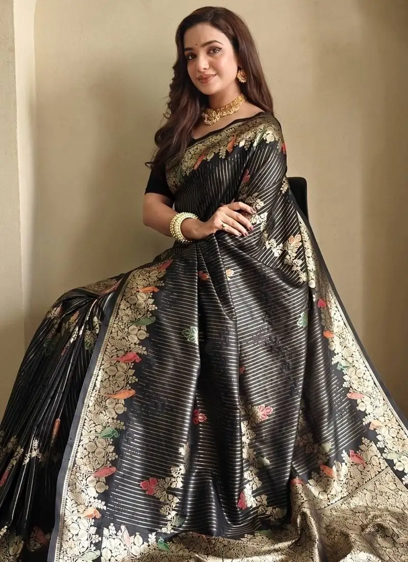 Black silk blend zari banarasi weaving saree with blouse