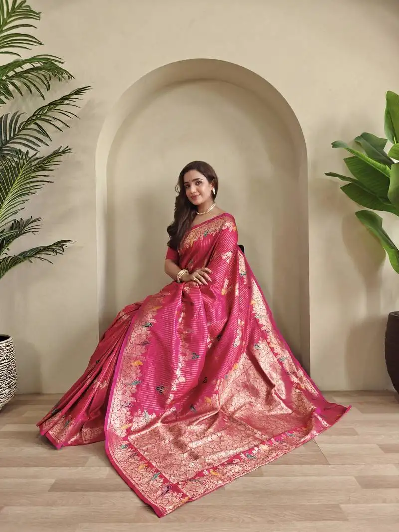 Pink silk blend zari banarasi weaving saree with blouse