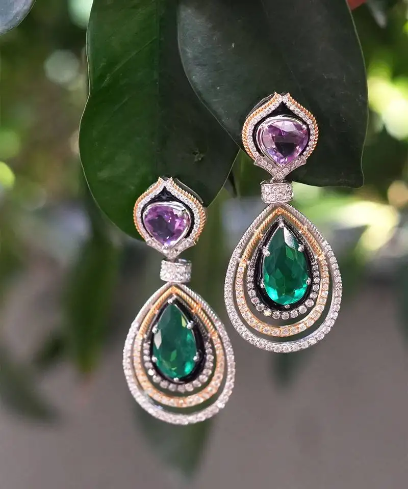 Green sterling silver earrings with gold base