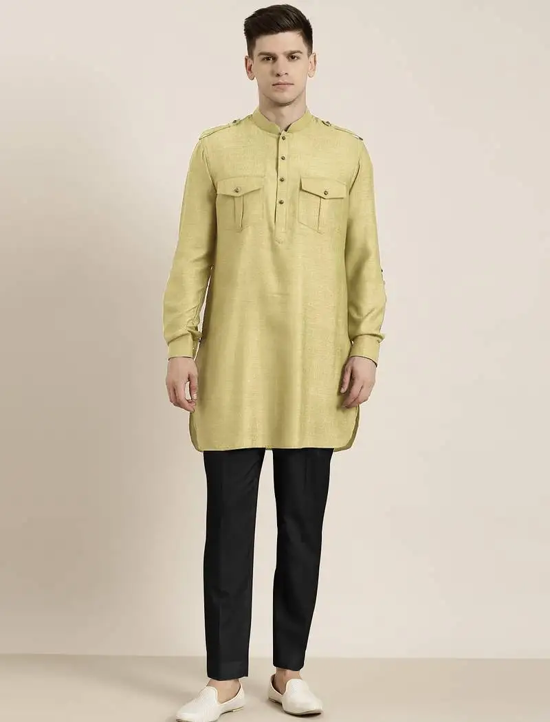 Greenish beige cotton short pathani