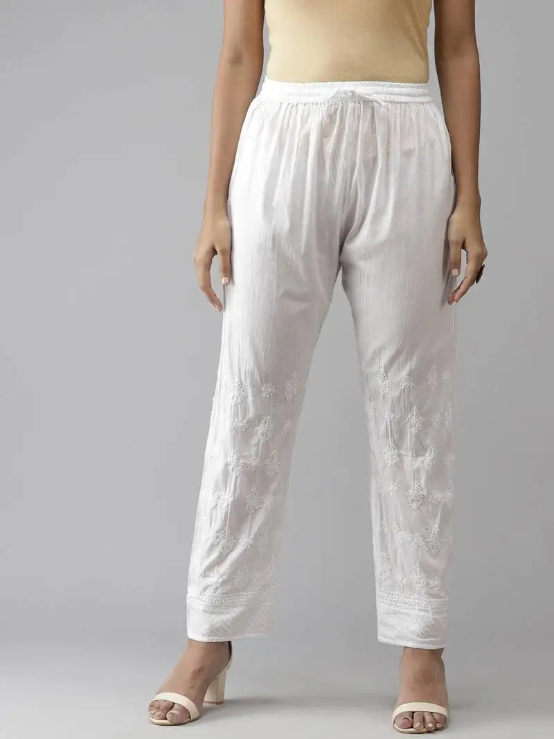 Hand embroidered white cotton lucknowi chikankari palazzo