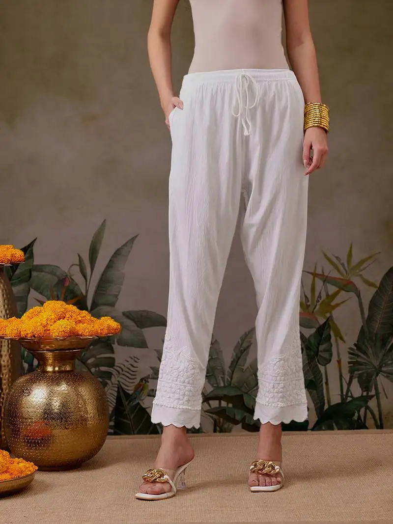 Hand embroidered white lycra lucknowi chikankari pant