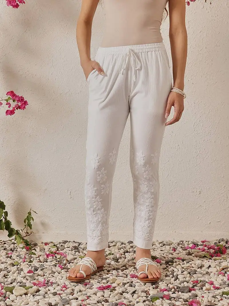 Hand embroidered white lycra cotton lucknowi chikankari straight pant