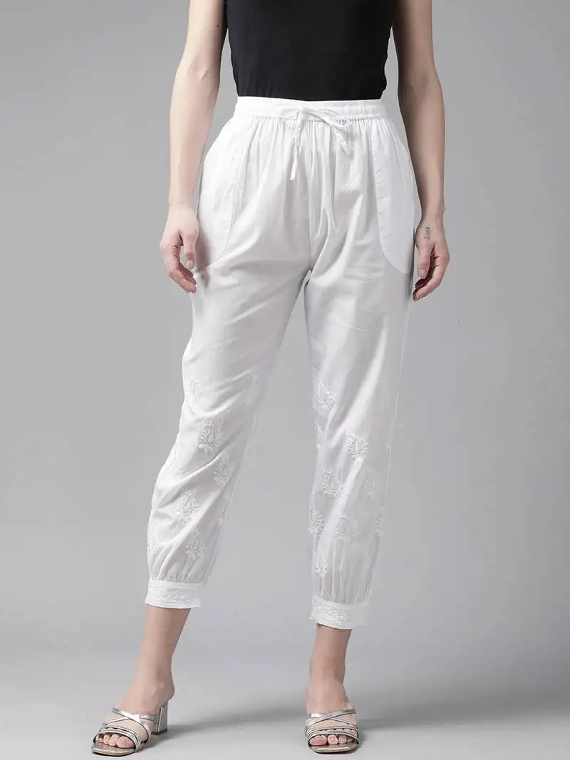 Hand embroidered white cotton lucknowi chikankari pant