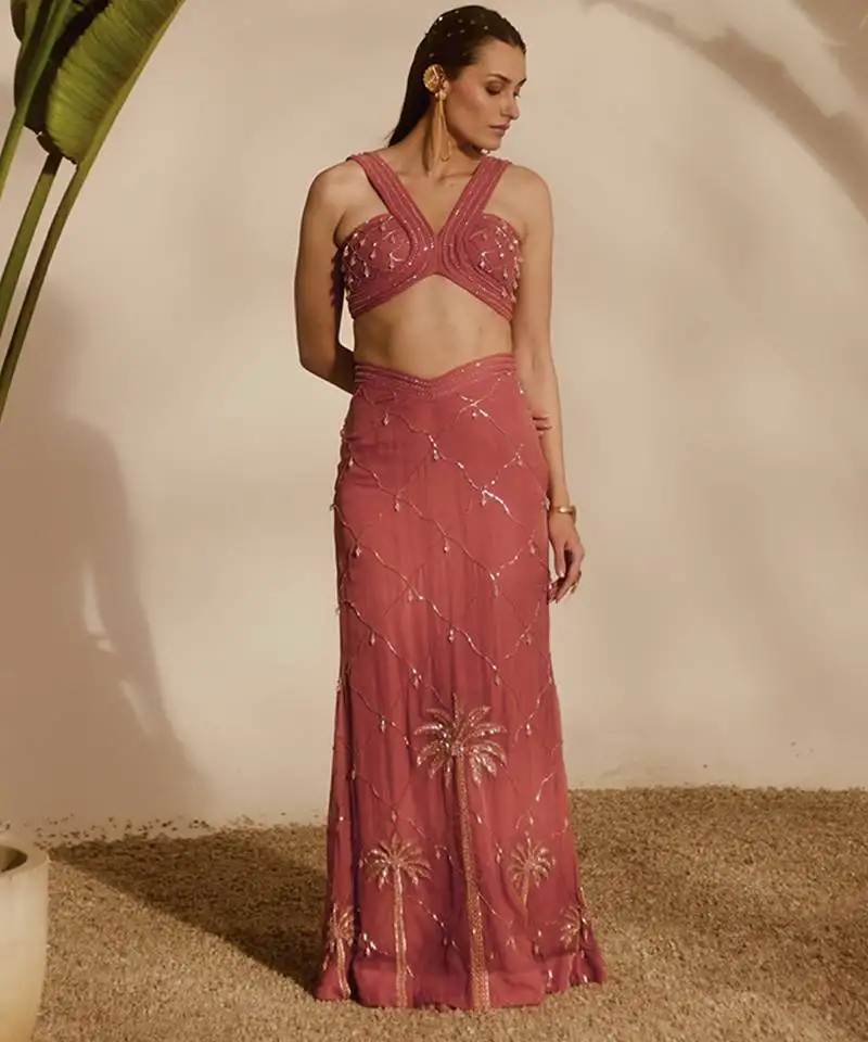 Pink embroidered organza blouse with sharara