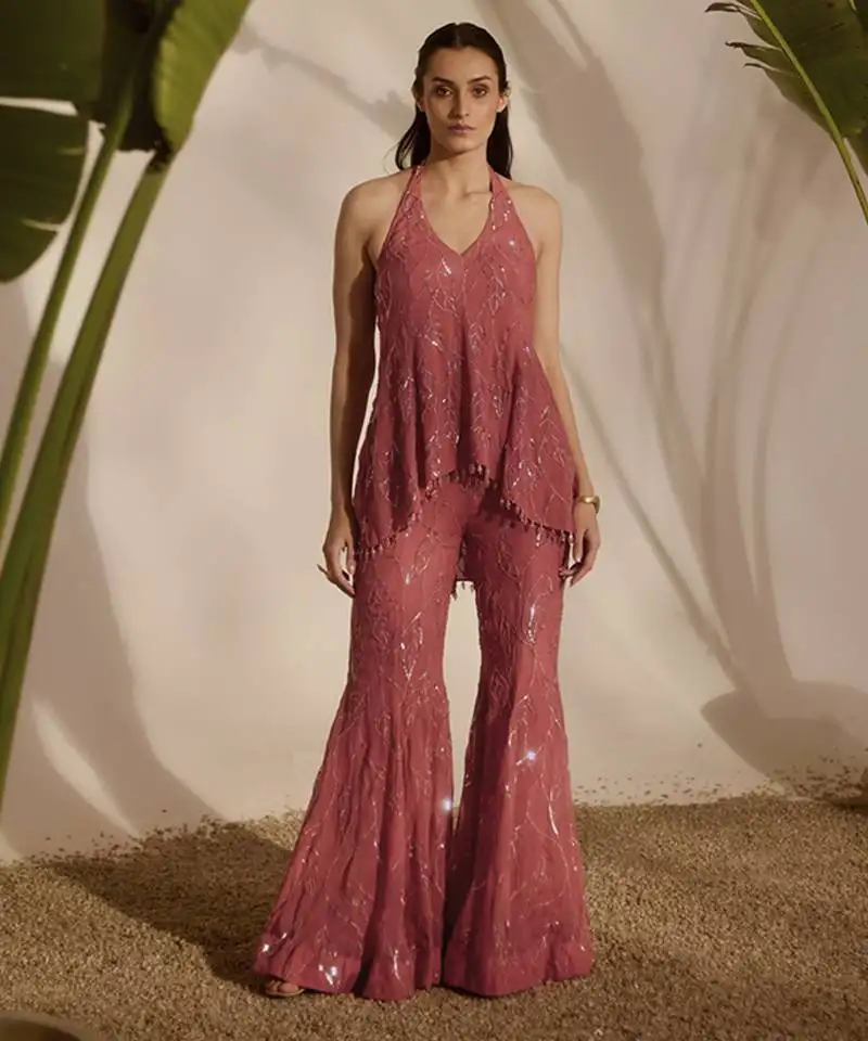 Pink embroidered organza top and pant