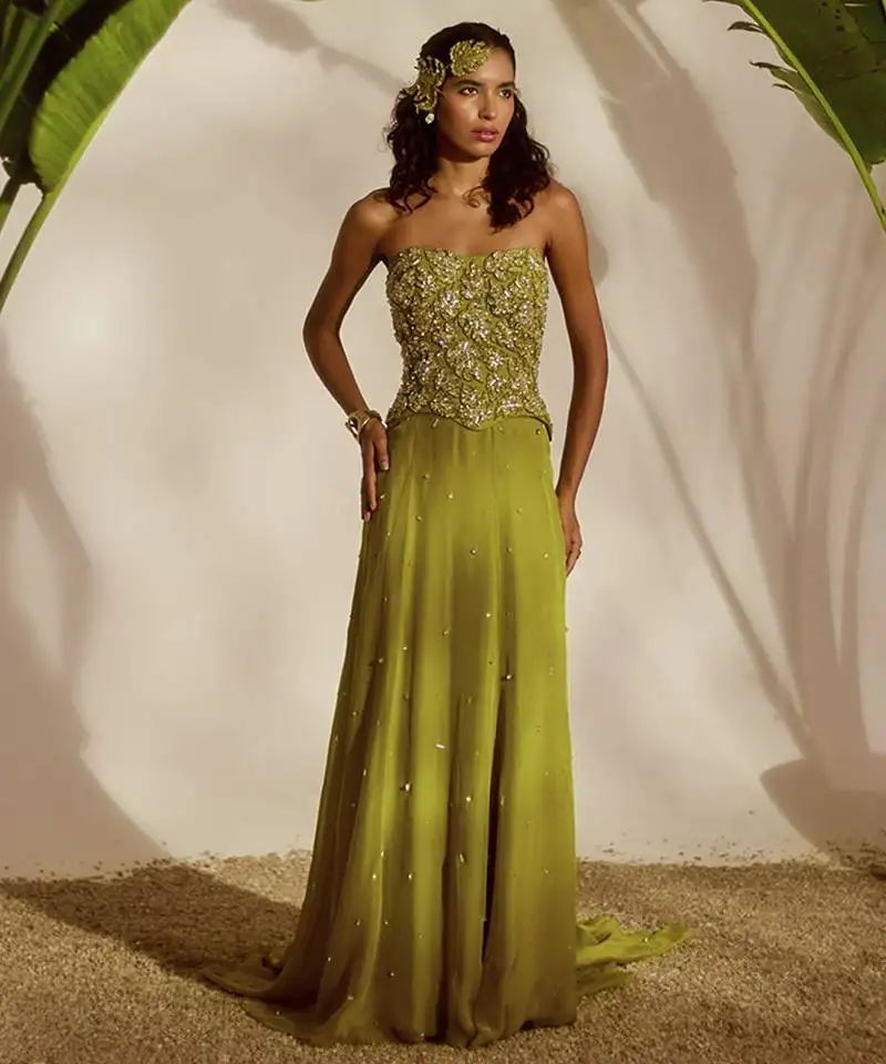 Green plain organza lehenga with embroidered bustier