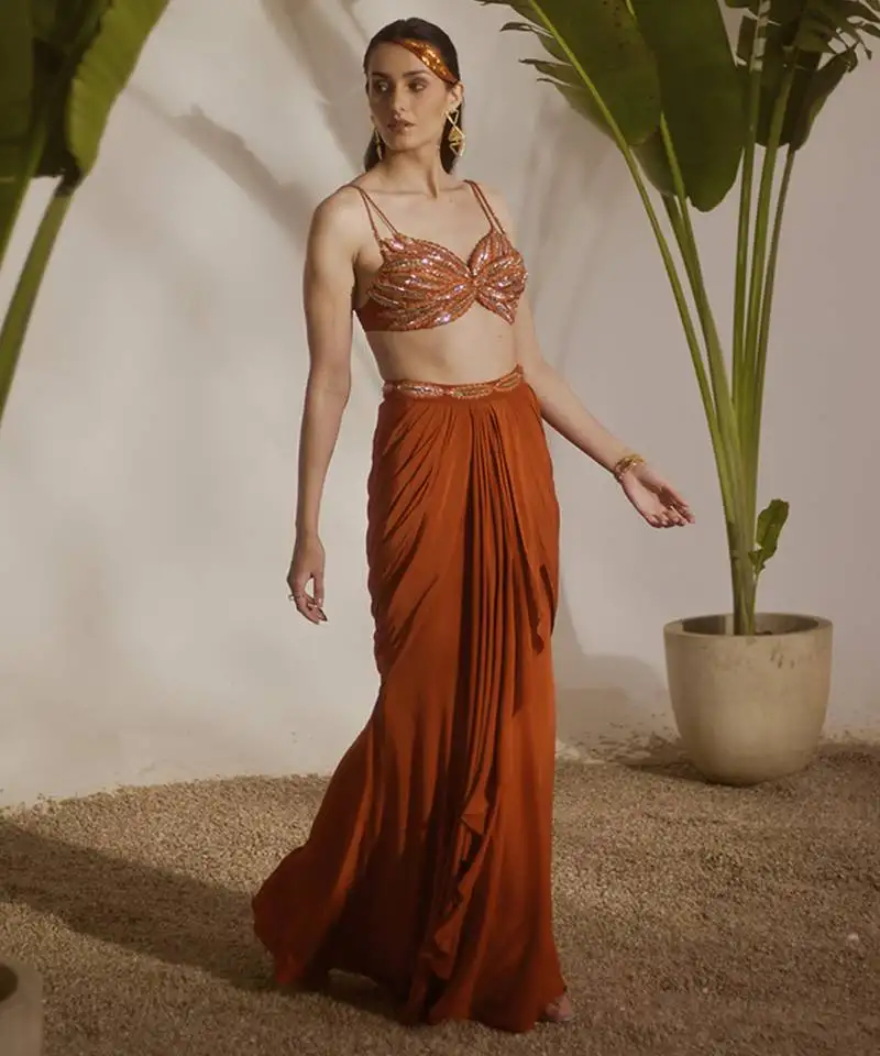 Orange plain crepe skirt with embroidered blouse