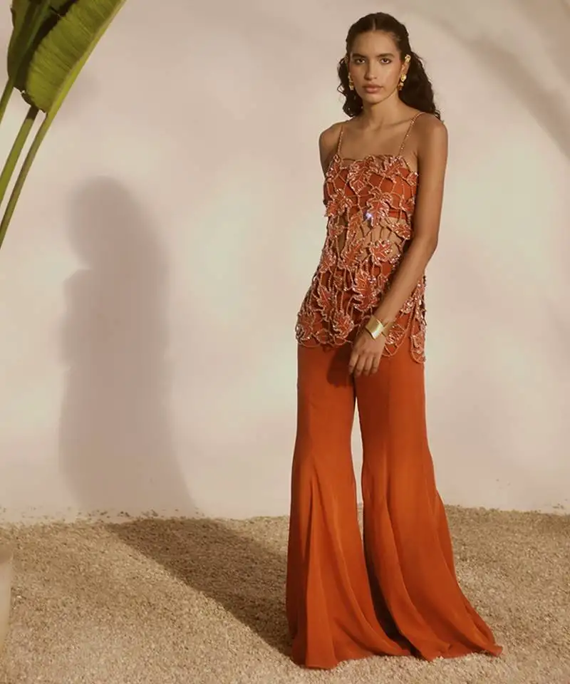 Orange embroidered organza tunic with tube top and sharara pant