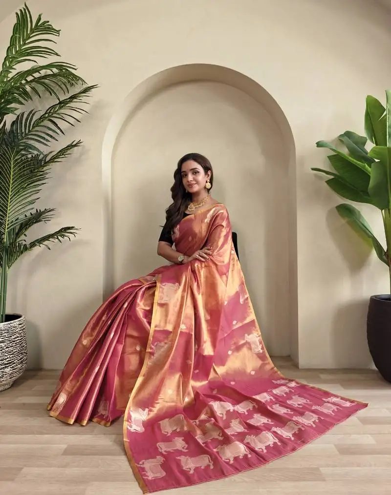 Pink zari tissue weaving saree with all over pichwai pattern