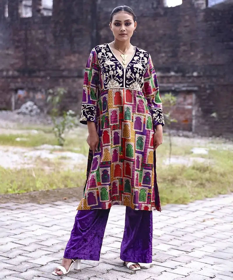 Multicolor printed silk kurta set
