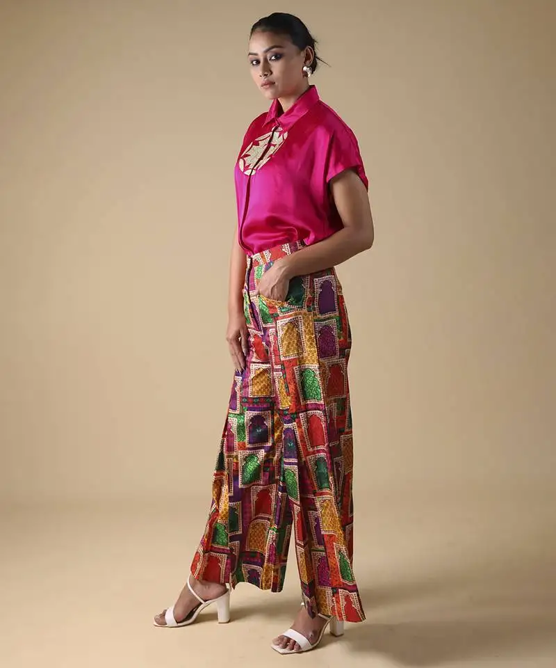 Pink plain silk shirt with printed pant