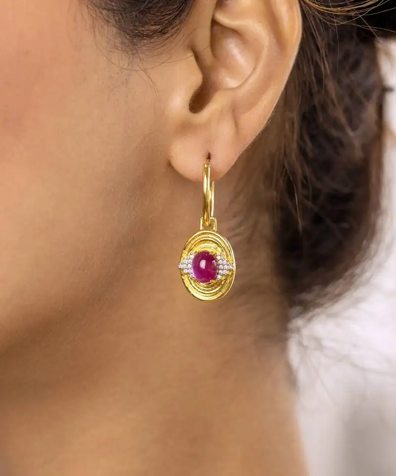 Gold ruby charm sterling silver earring