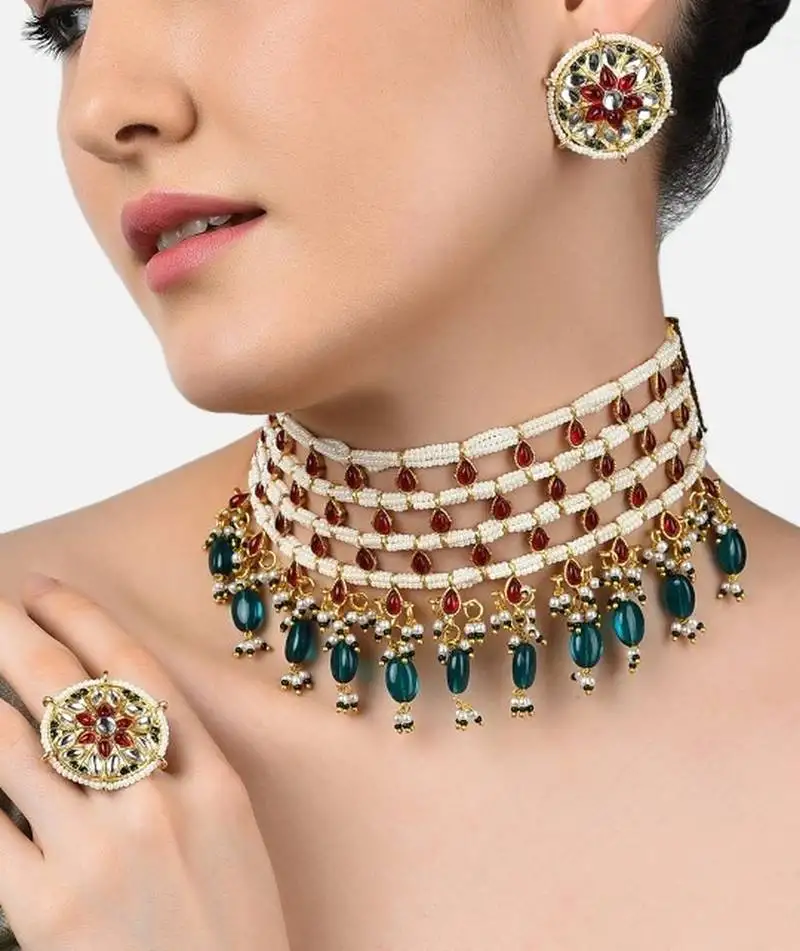 Gold-plated kundan choker necklace set with green beads & statement ring – traditional indian jewelry for women