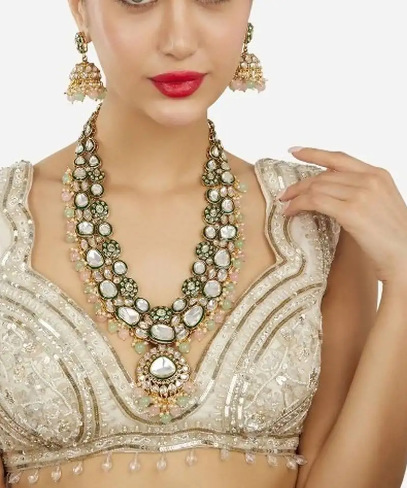 Gold-plated kundan bridal necklace set with pastel beads – traditional indian wedding jewelry for women