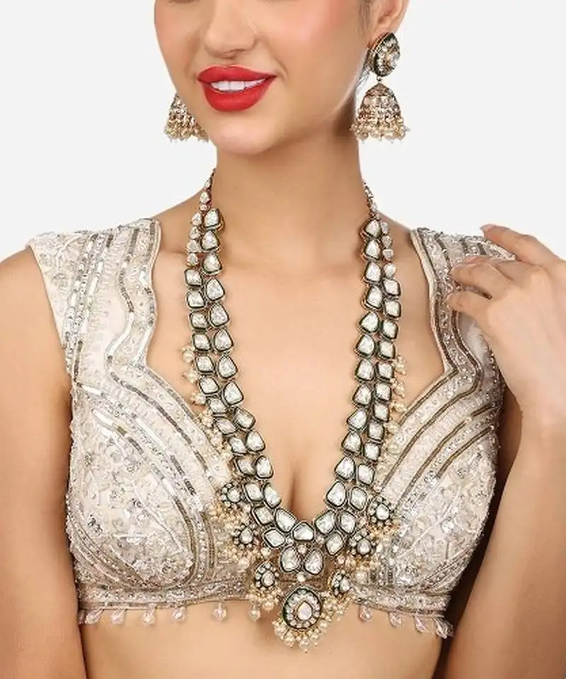 Gold-plated kundan bridal necklace set with pearls – traditional indian jewelry for weddings & festivals
