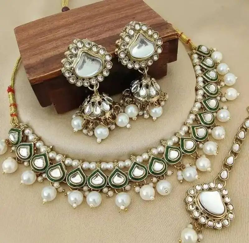 Gold-plated kundan pearl choker necklace set for women traditional bridal jewelry with earrings & maang tikka