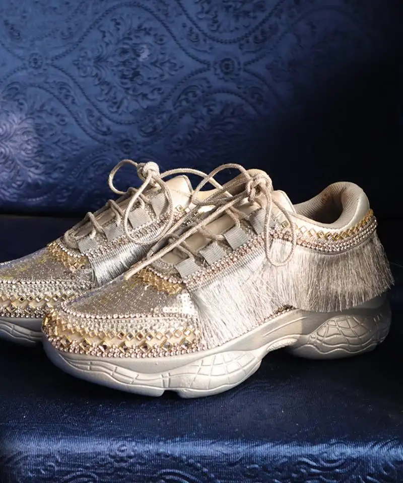 Silver leather embroidered sneakers