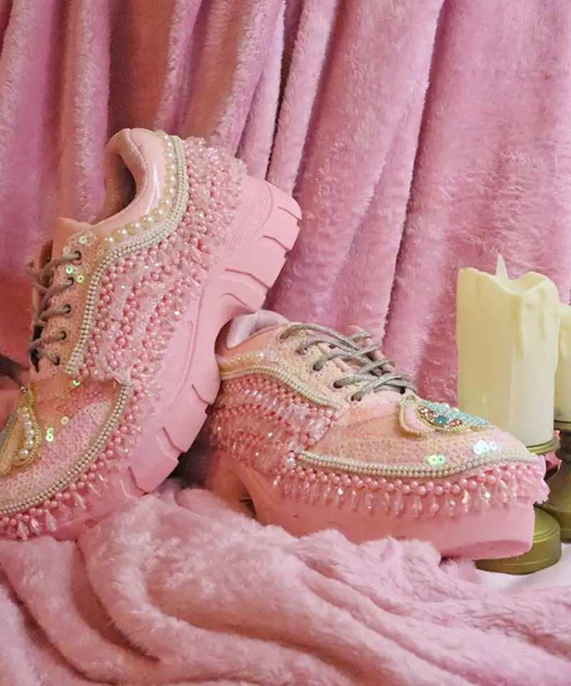 Pink leather embroidered sneakers