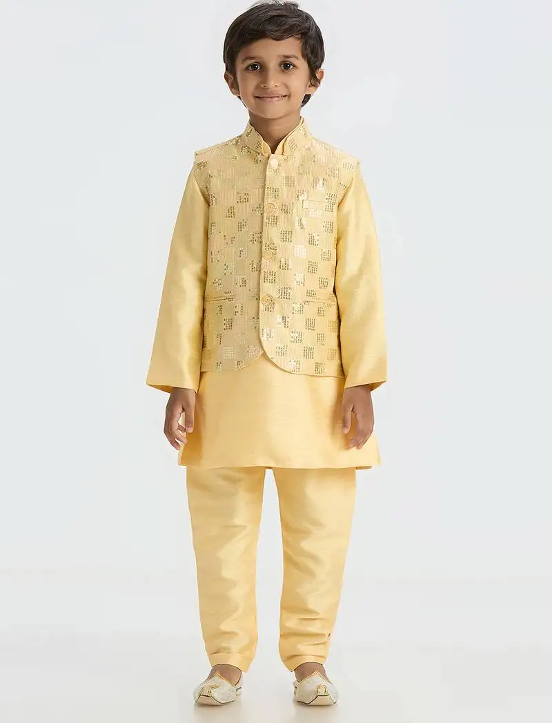 Elegant box sequence work nehru jacket full sleeves kurta, pyjama set - golden