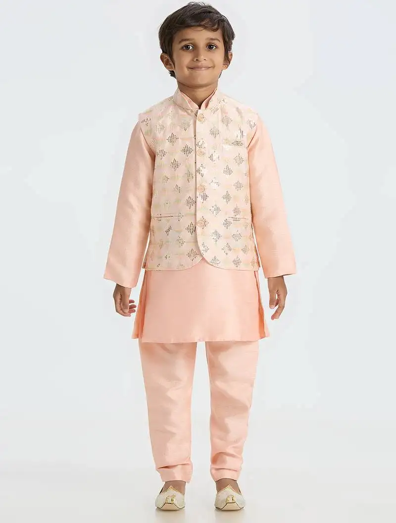 Traditional with a modern touch nehru jacket full sleeves kurta, pyjama set - peach