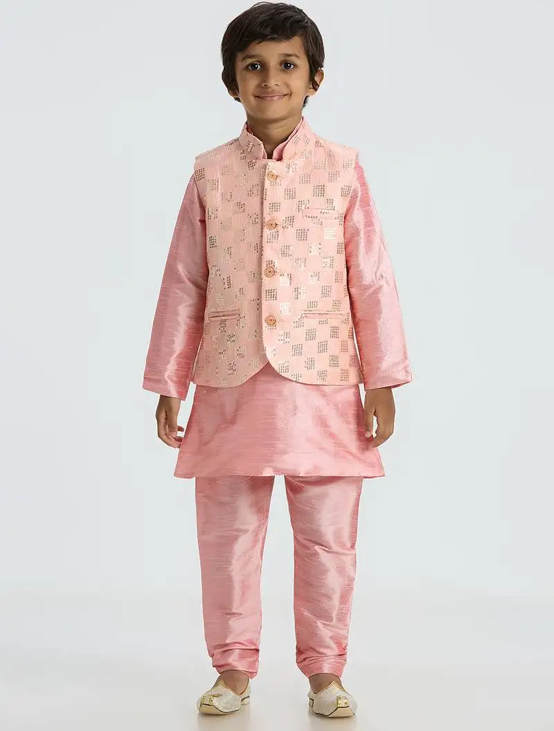 Charming and elegant outfit with sequence work nehru jacket full sleeves kurta, pyjama set - pink