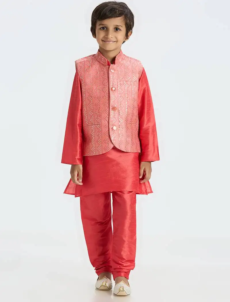 Sequence work nehru jacket full sleeves kurta, pyjma set - tomato red