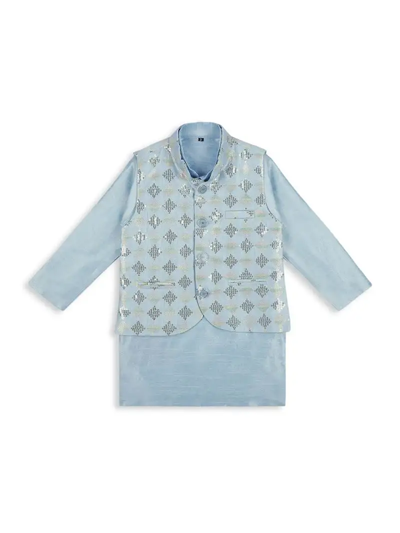 Stylish tikli work nehru jacket full sleeves kurta, pyjama set - sky blue
