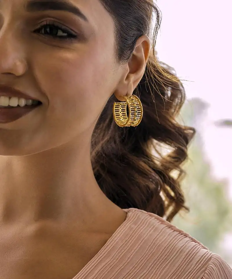 Embellished emerald hoops with yellow gold plating